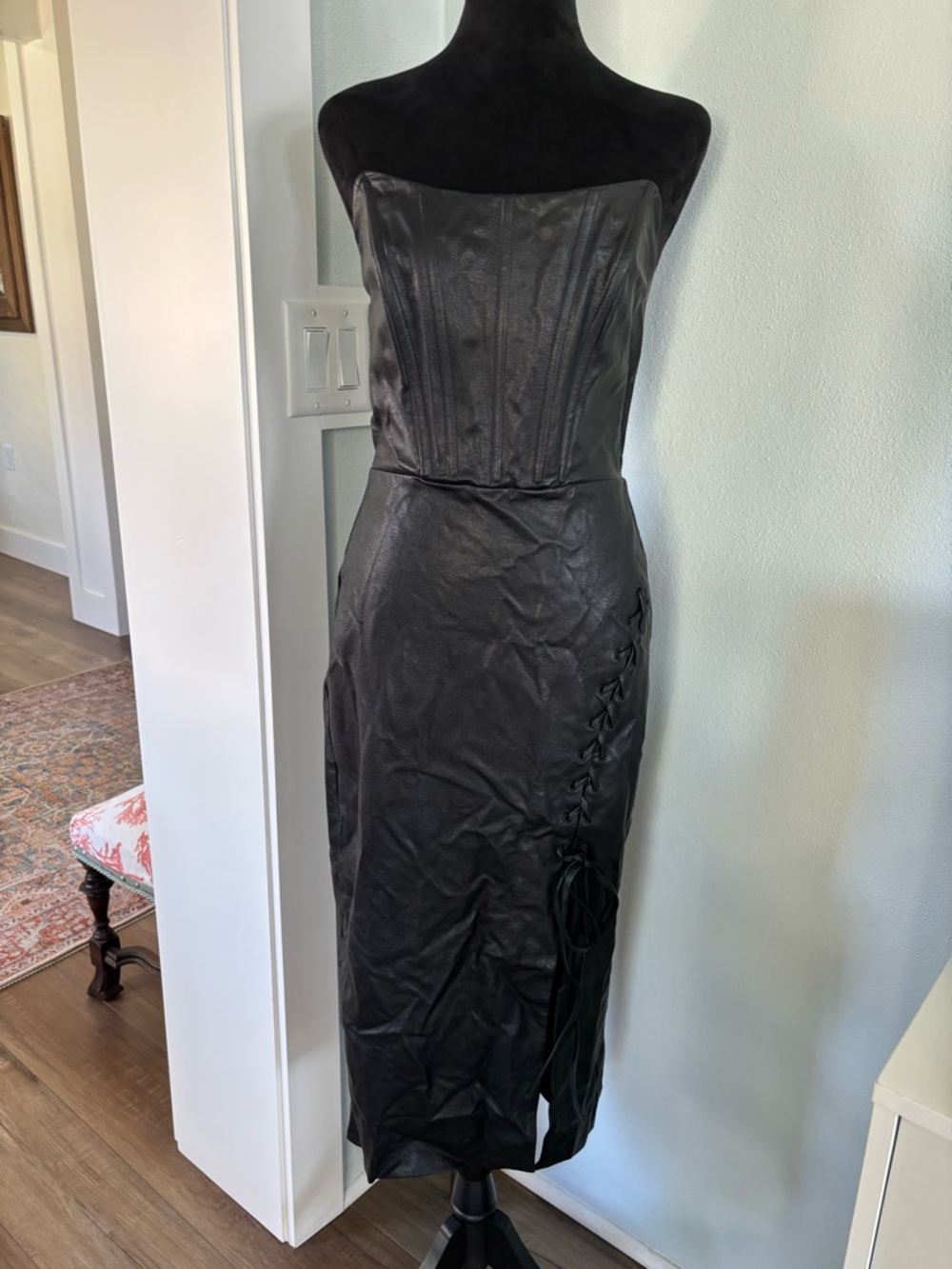 NBD Black Strapless Faux Leather Corset Midi Dress with Side Lace-Up small NWT - Picture 2 of 6